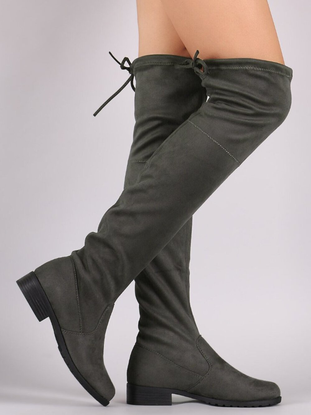 New Gray Drawstring Tie Lace Up Over The Knee Riding Boot Low Block Heel Pull-On